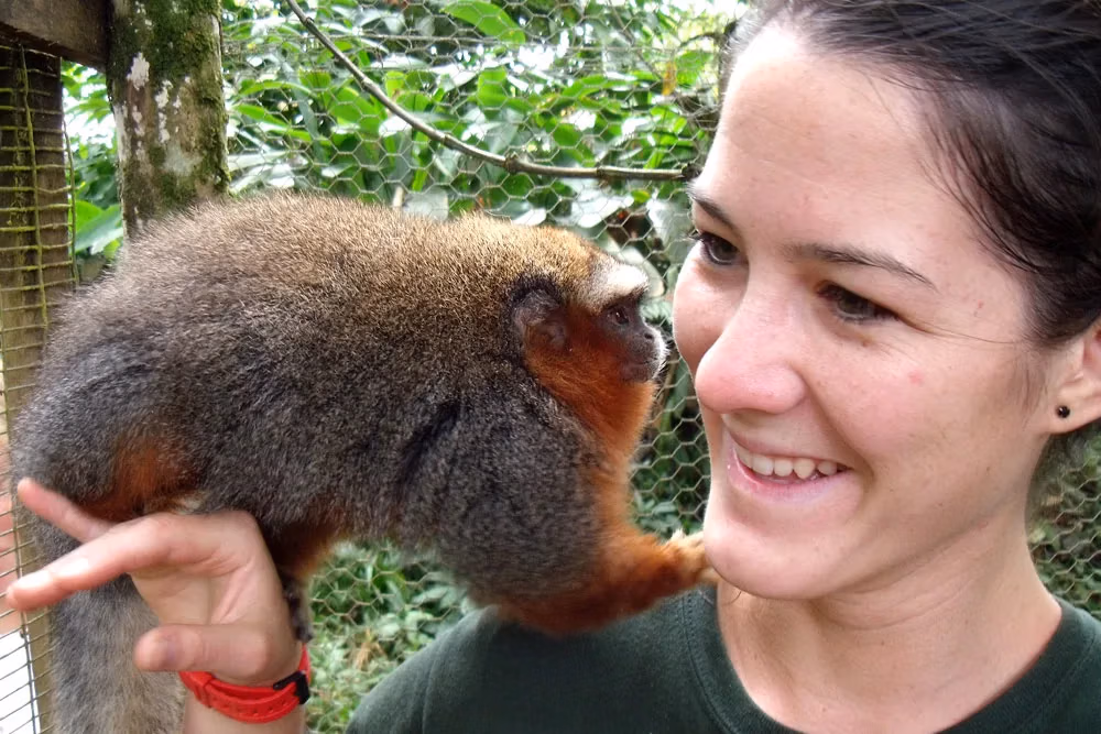 Teen Camp participant in the Amazon with a monkey during a species feeding activity.