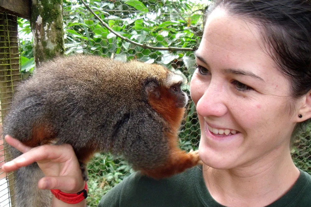 Teen Camp participant in the Amazon with a monkey during a species feeding activity.