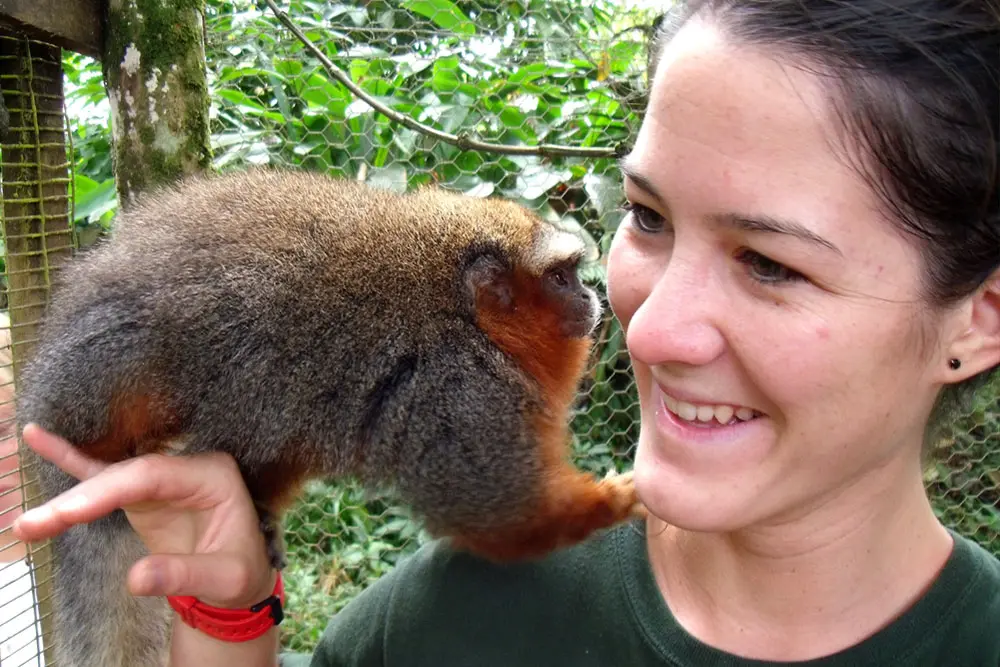 Teen interacting with rescued monkey during conservation camp in Ecuador