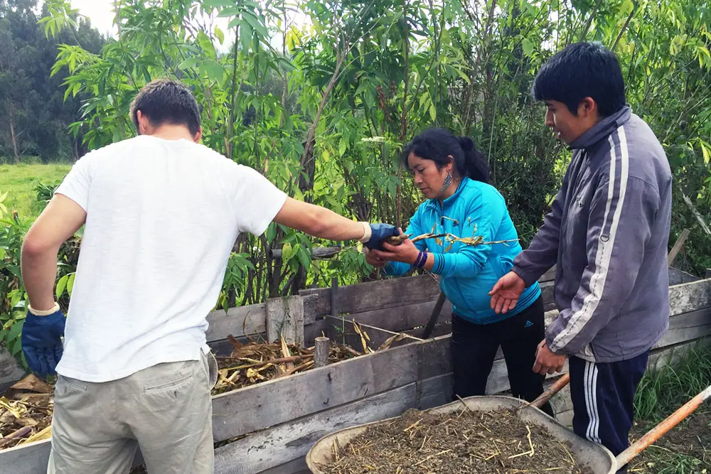 Volunteers building a compost system with local community members in Ecuador