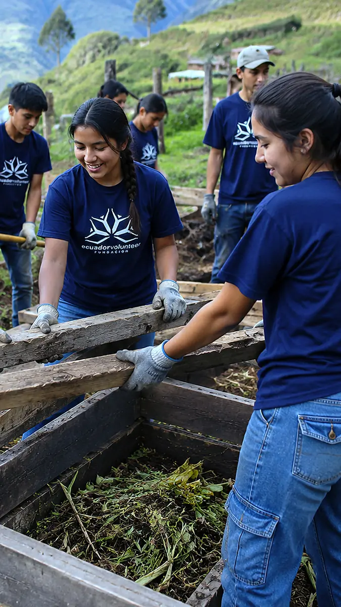 Teens participating in a sustainable compost project during a leadership camp in the Ecuadorian Andes