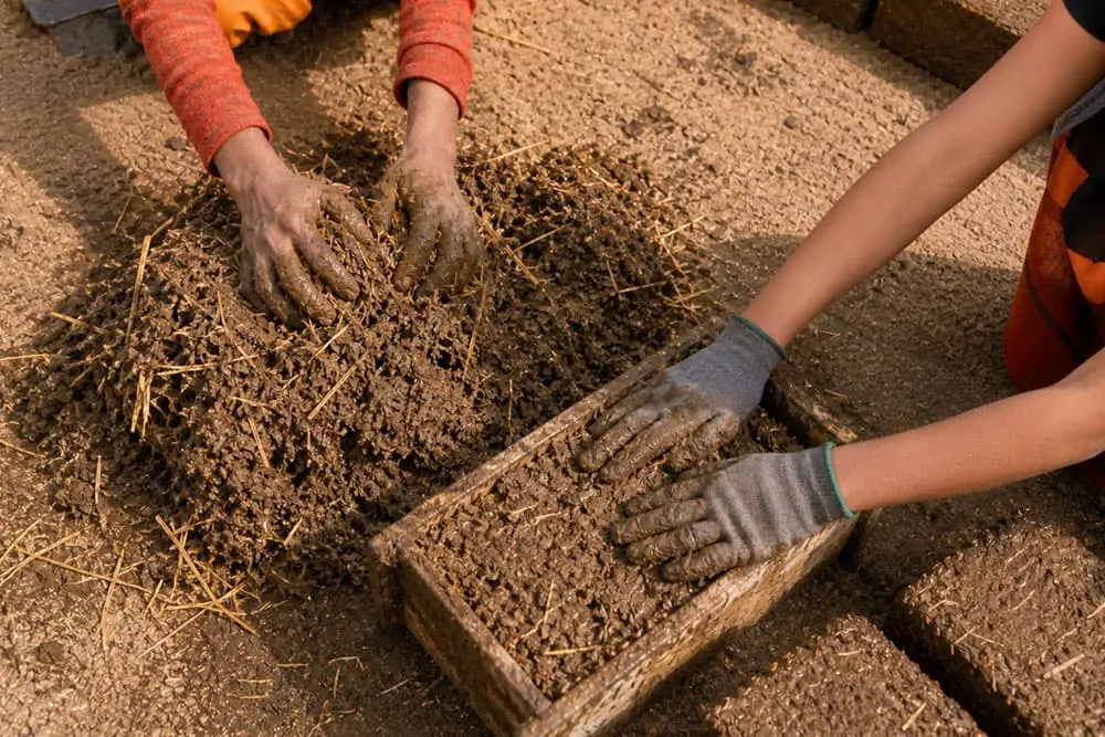 Teen participants making traditional adobe bricks during a cultural immersion experience in Ecuador